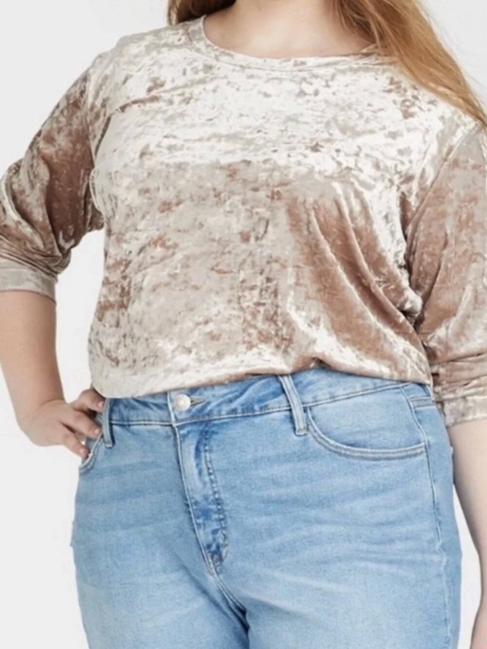 Ava & Viv Women's Cropped Velvet Sweatshirt Taupe Size 2x
